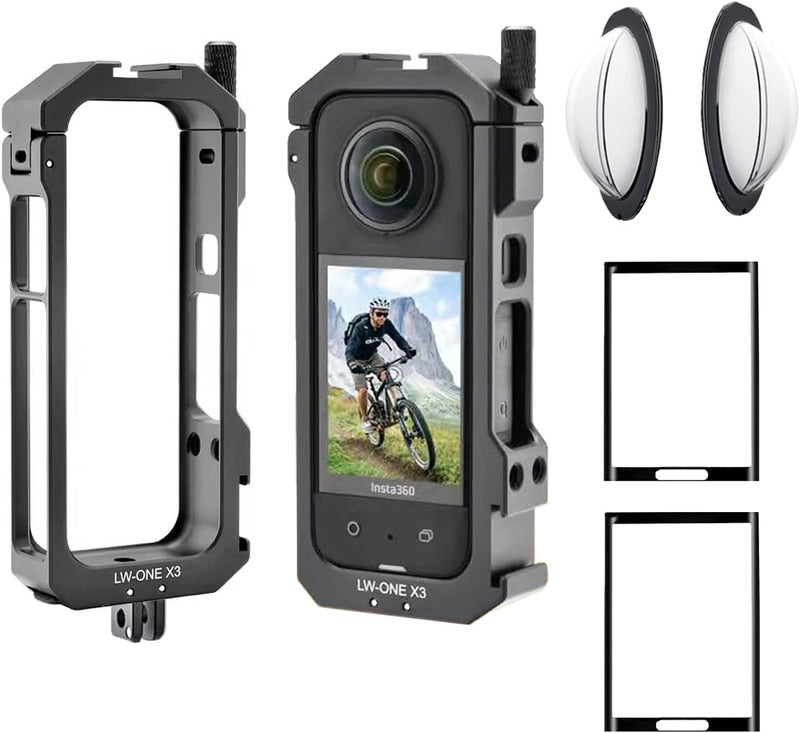 debous Aluminum Frame Cage Sticky Lens Guard Set Screen Protector for Insta360 X3 X 3 Accessories Kit Anti-Scratch Metal case Housing Shell Tempered Glass Protective Film Cover - Image 1